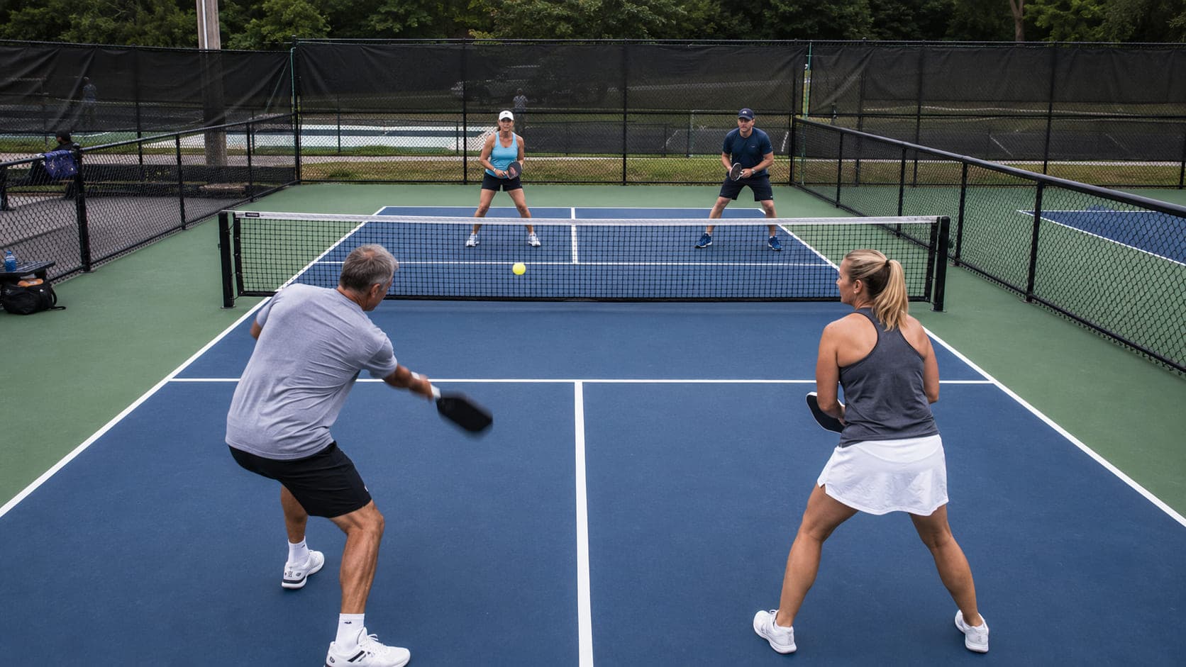 A doubles point in play, seen from behind the baseline with the whole court in frame